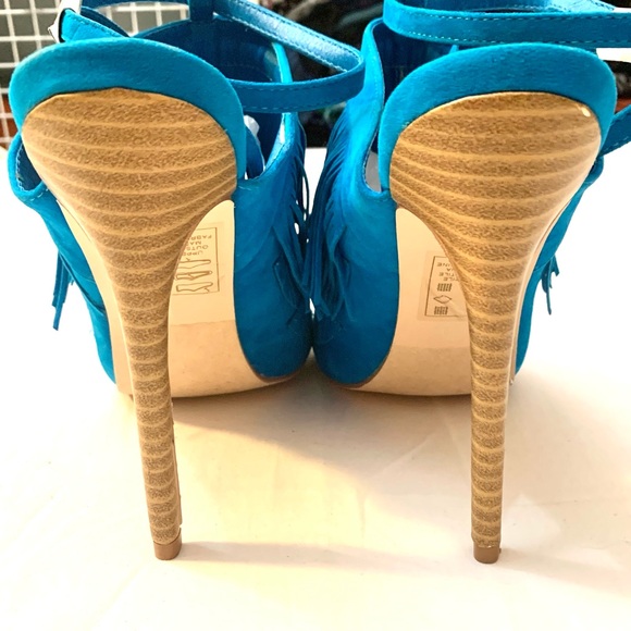 Scene “Anissa” turquoise faux suede fringe heels with wrap around ankle strap-10 - Picture 8 of 12